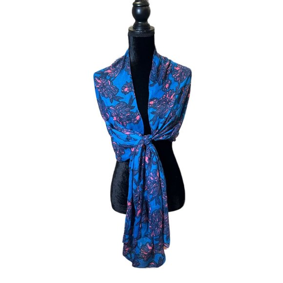 Unbranded Scarf Womens Long Rectangle Blue Pink Floral Flower Shawl Wrap - Picture 2 of 8
